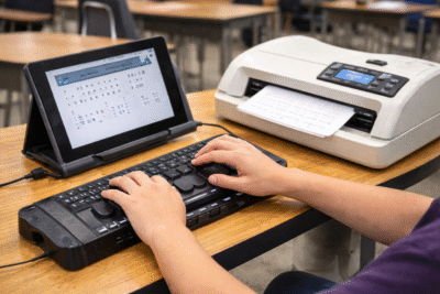 Dispositivo digital de lectura Braille conectado a una tableta y una impresora Braille en uso dentro de un espacio educativo.