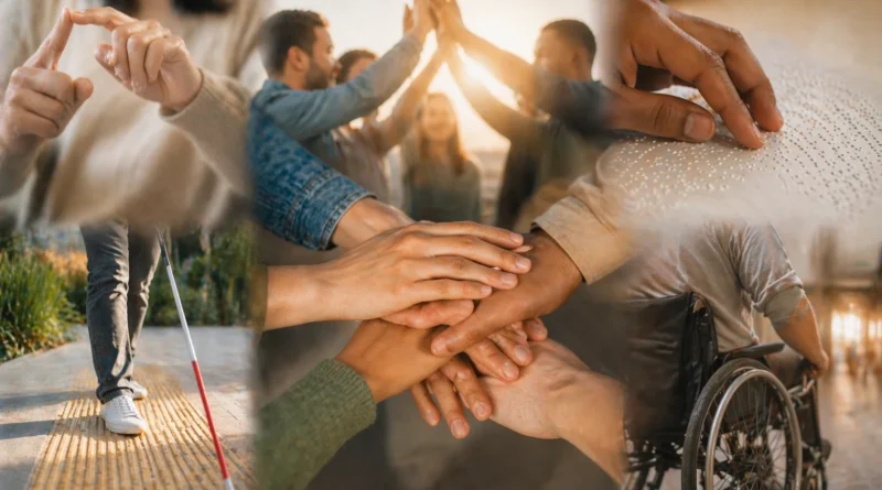 Collage realista de inclusión con personas adultas usando lengua de señas, lectura braille, bastón guía, silla de ruedas y manos unidas en trabajo en equipo.