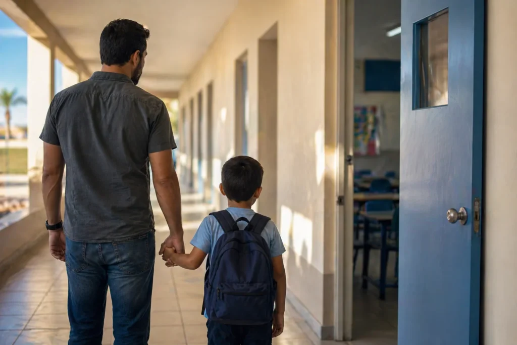Padre toma de la mano a niño con mochila en pasillo escolar frente a salón de clases en La Paz Baja California Sur.