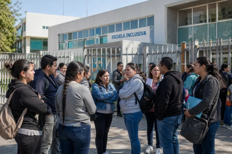 Grupo de padres y madres mexicanos reunidos afuera de una escuela moderna dialogando con preocupación sobre inclusión educativa y apoyos para niños autistas.