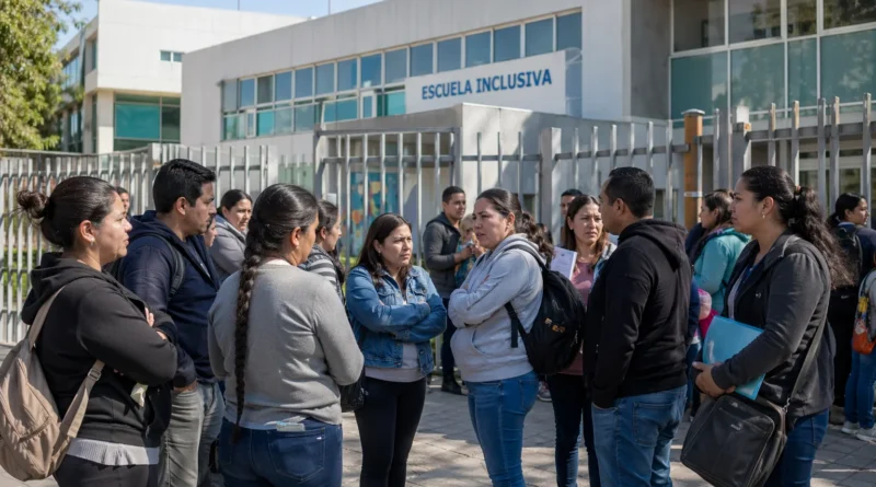 Grupo de padres y madres mexicanos reunidos afuera de una escuela moderna dialogando con preocupación sobre inclusión educativa y apoyos para niños autistas.