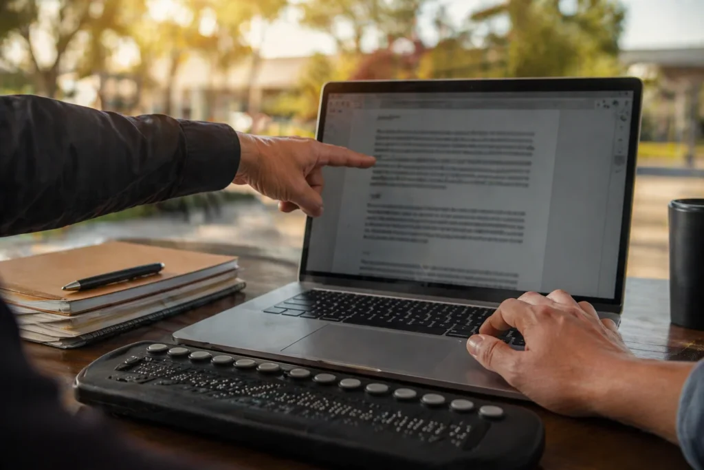 Laptop con documento digital inaccesible junto a teclado braille en escritorio universitario.