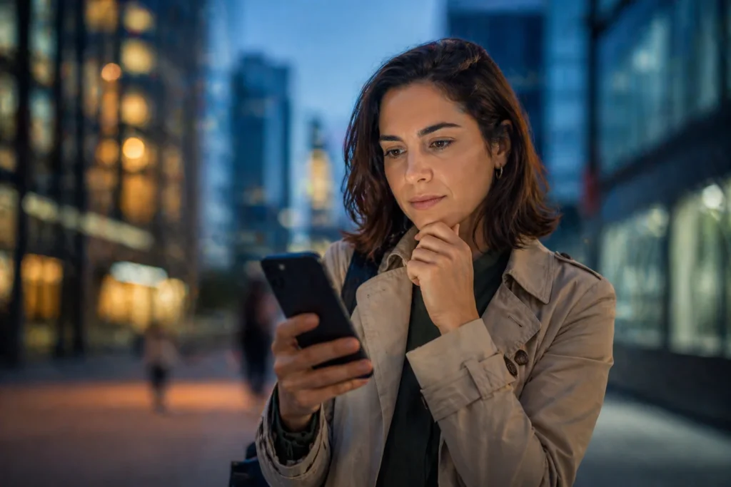 Persona adulta observa su smartphone con gesto pensativo mientras revisa una conversación en redes sociales en entorno urbano moderno.
