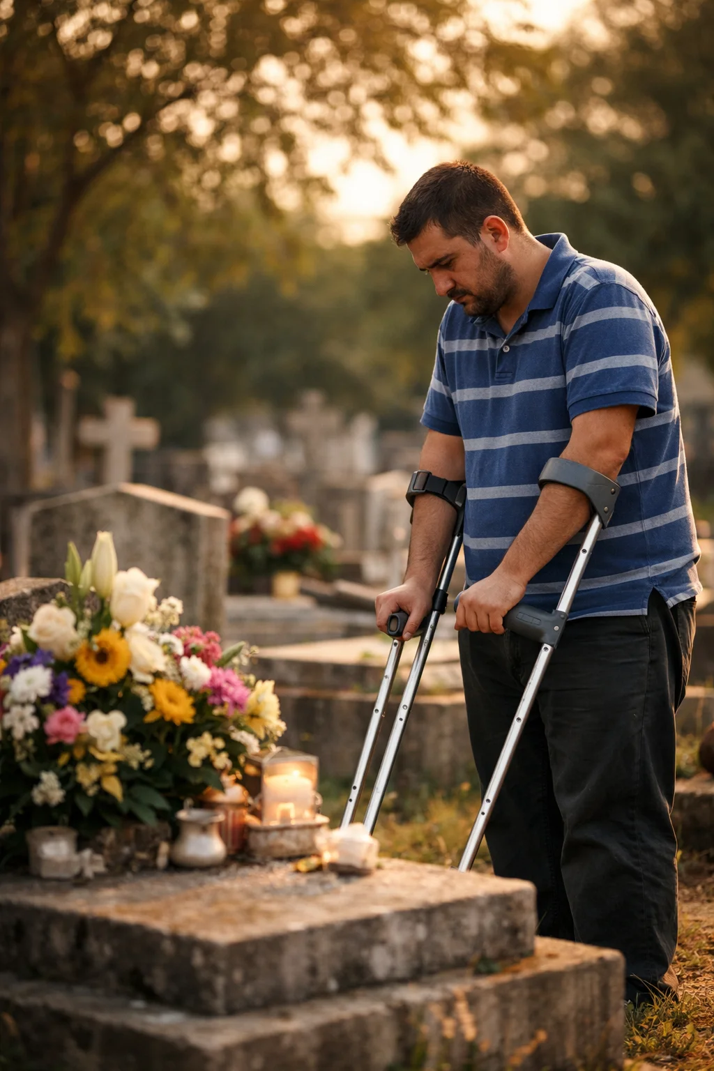 Persona adulta con discapacidad de pie frente a la tumba de su madre en un cementerio, en un momento de duelo y reflexi&oacute;n al atardecer