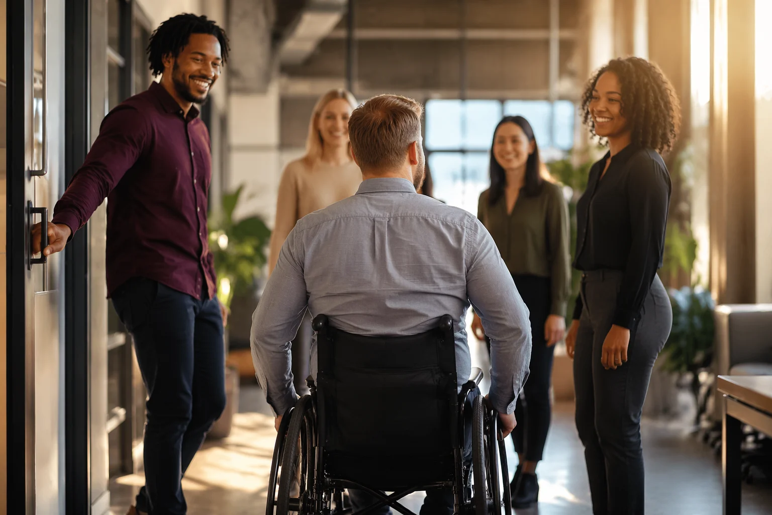 Persona con discapacidad en silla de ruedas entrando a una oficina moderna mientras compa&ntilde;eros la reciben con actitud positiva