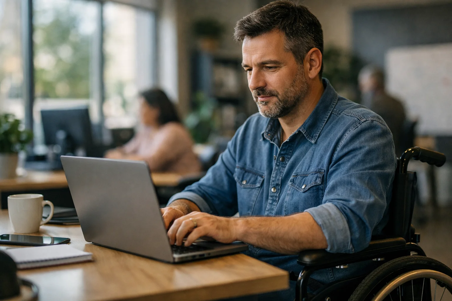 Persona adulta con discapacidad trabajando en una laptop en un entorno accesible y moderno, desarrollando habilidades digitales con concentraci&oacute;n y confianza