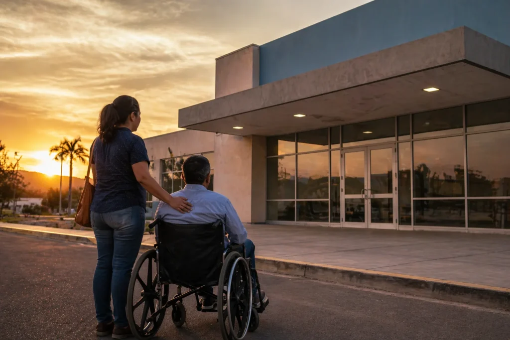 Persona adulta en silla de ruedas acompañada por familiar frente a la entrada de una clínica moderna en La Paz al atardecer.