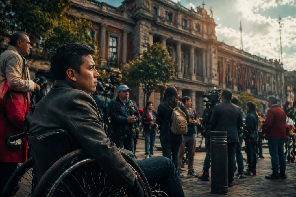 Persona en silla de ruedas observa edificio gubernamental con presencia de prensa y ciudadanos durante debate p&uacute;blico en M&eacute;xico