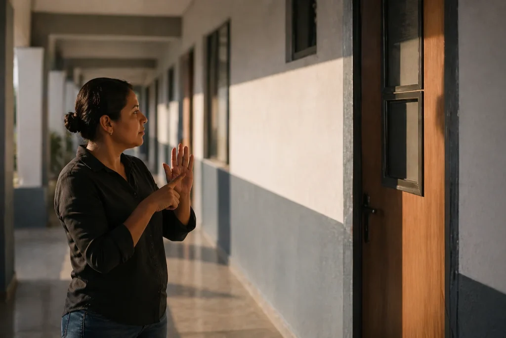 Persona adulta sorda en pasillo escolar moderno observando puerta cerrada mientras realiza seña con expresión reflexiva.
