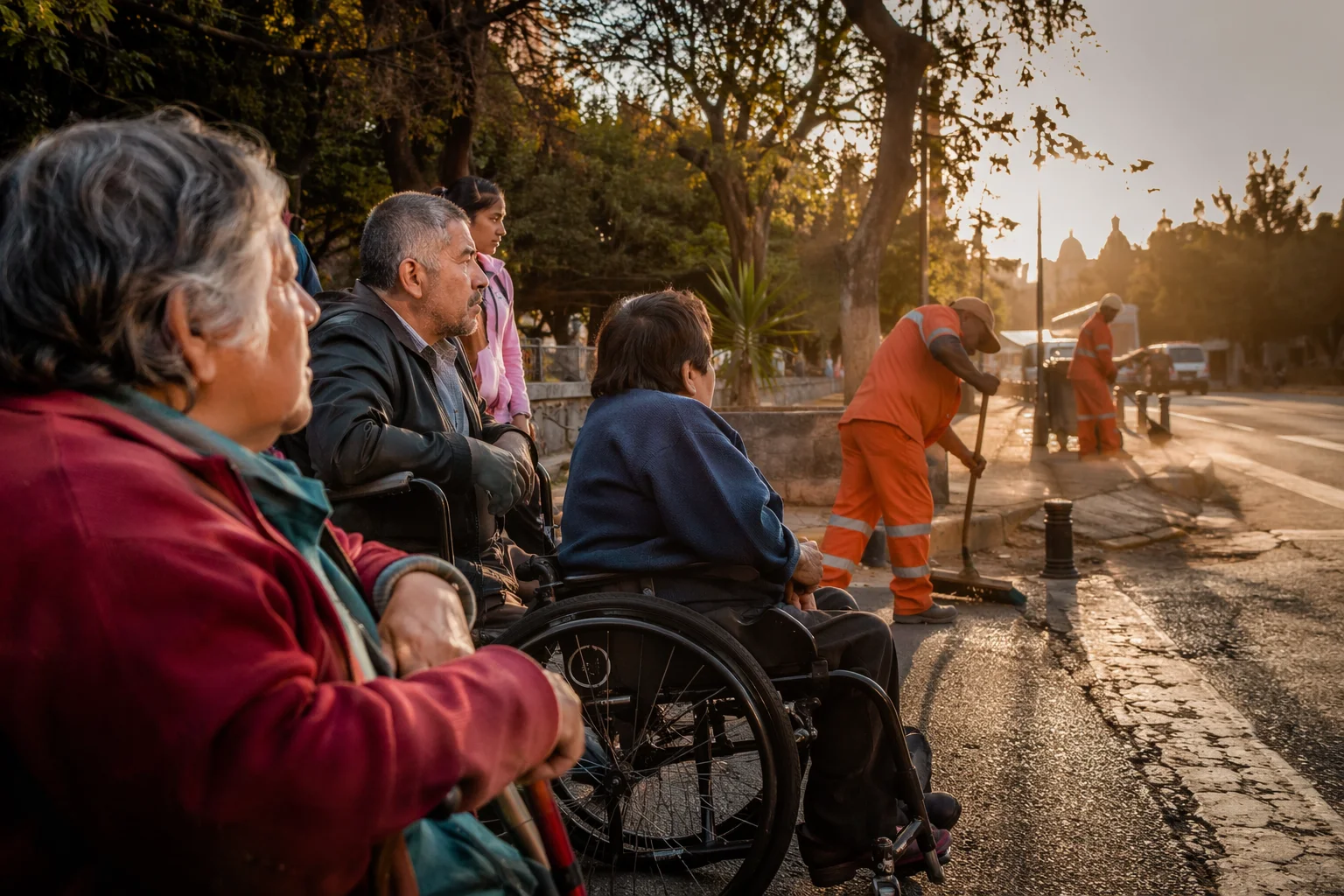 Personas con discapacidad y adultos mayores observan trabajadores limpiando calles en un entorno urbano en M&eacute;xico al atardecer