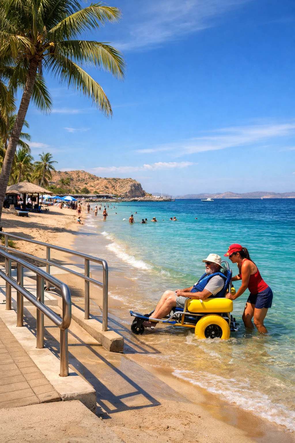 Persona adulta utilizando una silla anfibia con asistencia profesional en Playa El Coromuel, La Paz, junto a rampas accesibles y mar turquesa.