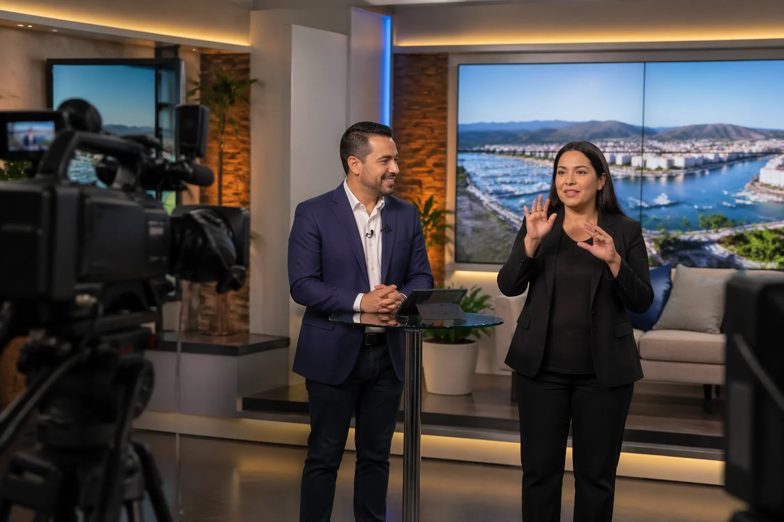 Presentador de televisi&oacute;n junto a int&eacute;rprete de lengua de se&ntilde;as durante transmisi&oacute;n en estudio moderno en La Paz Baja California Sur.