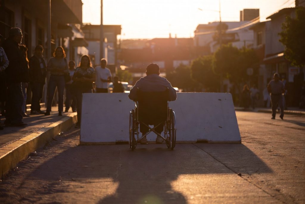 Persona en silla de ruedas detenida frente a una banqueta alta e inaccesible en una calle de M&eacute;xico al atardecer. Al fondo, un grupo de ciudadanos observa la escena, reflejando las barreras urbanas que enfrentan las personas con discapacidad.