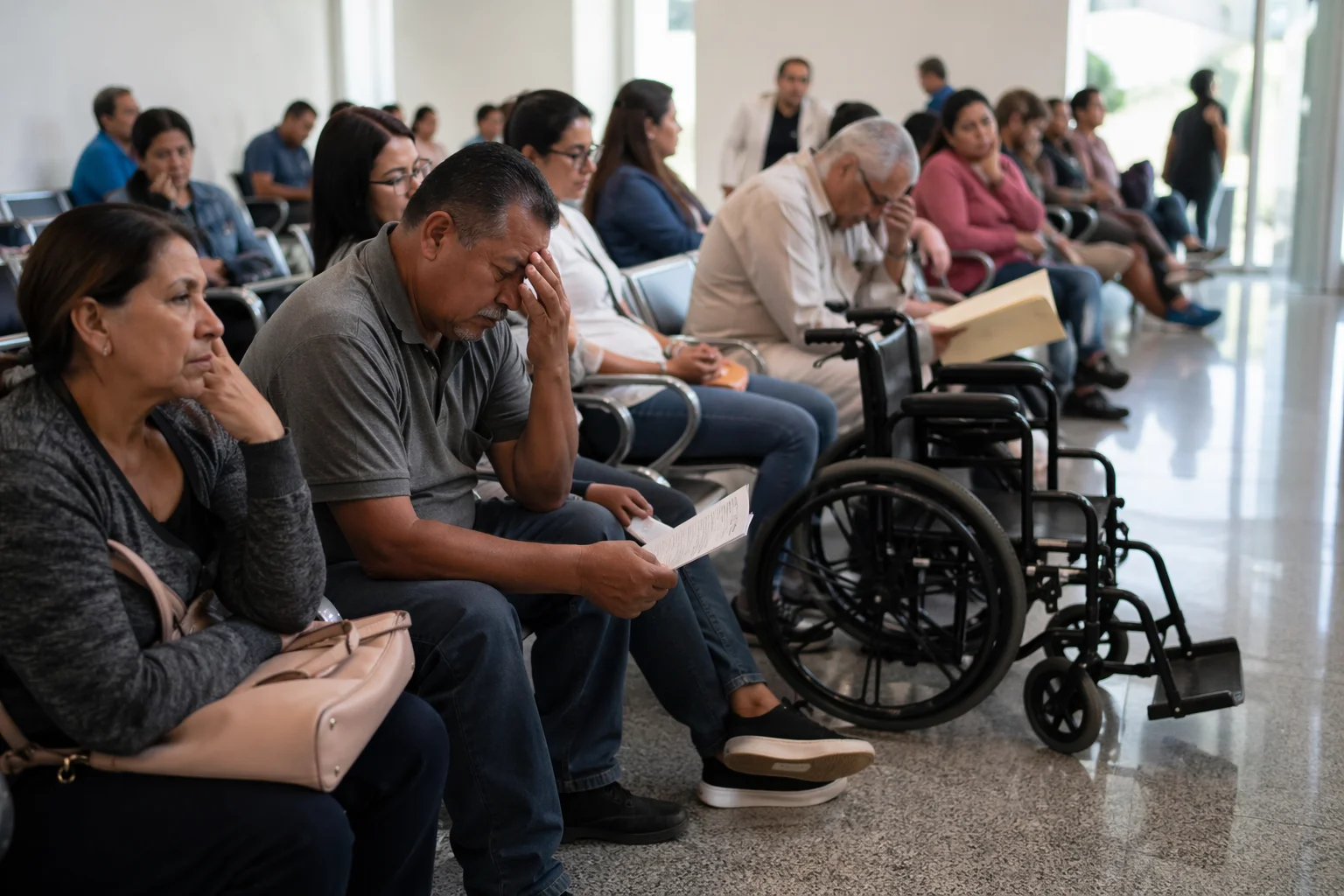 Personas adultas esperan sentadas en la sala de una clínica pública en La Paz, mostrando preocupación mientras sostienen documentos médicos.