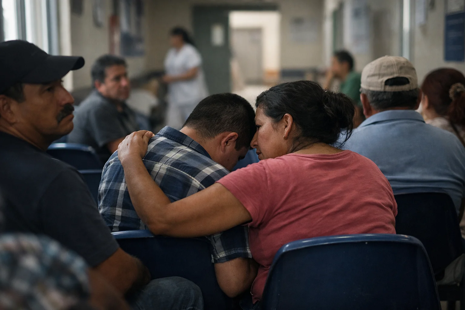 Personas adultas esperando en una sala de salud p&uacute;blica en M&eacute;xico junto a una persona con autismo, reflejando saturaci&oacute;n del sistema m&eacute;dico