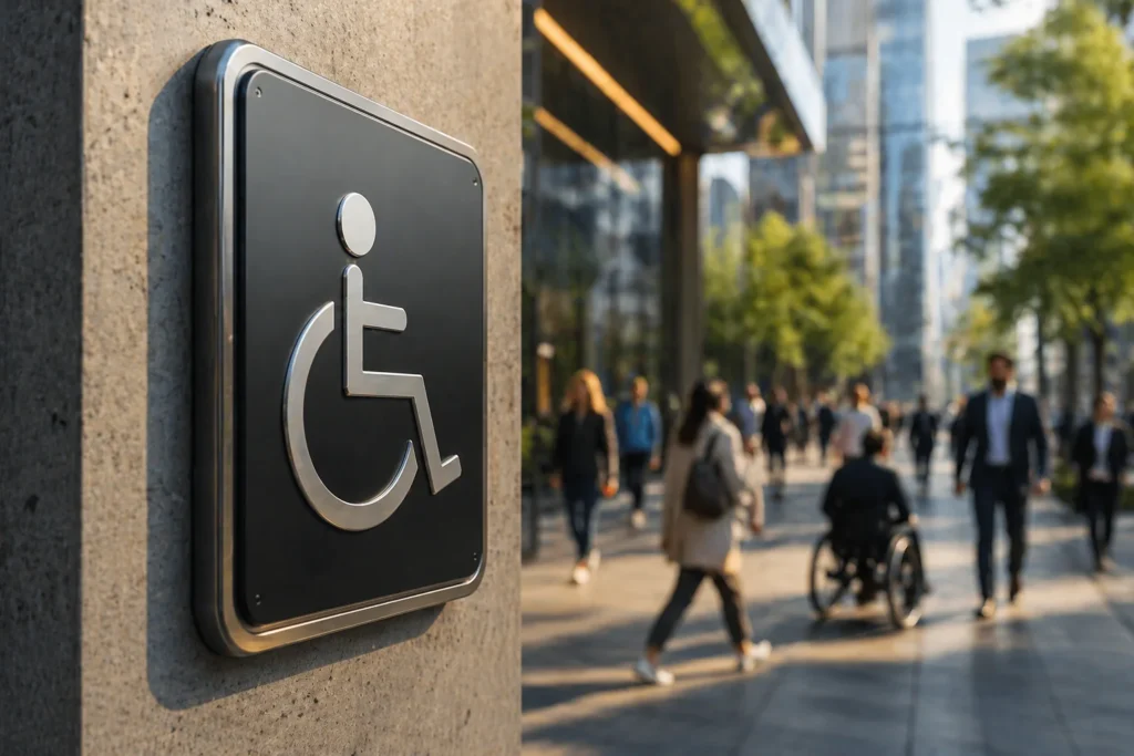 Primer plano de una señal moderna de accesibilidad instalada en pared urbana con personas caminando desenfocadas al fondo.