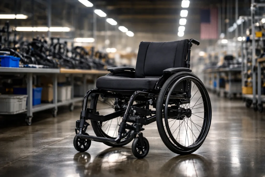 Silla de ruedas moderna sobre piso industrial brillante dentro de una f&aacute;brica tecnol&oacute;gica con l&iacute;neas de producci&oacute;n desenfocadas al fondo.