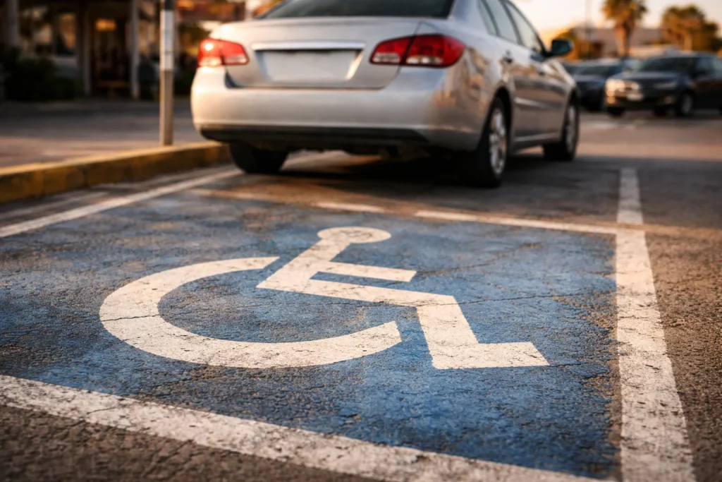 S&iacute;mbolo azul de discapacidad pintado en pavimento con autom&oacute;vil invadiendo parcialmente el espacio reservado al fondo.