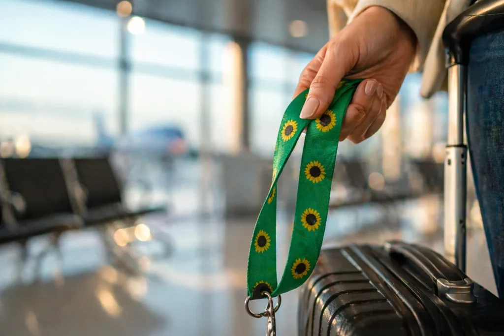 Mano sosteniendo distintivo Sunflower junto a maleta en sala de embarque de aeropuerto.