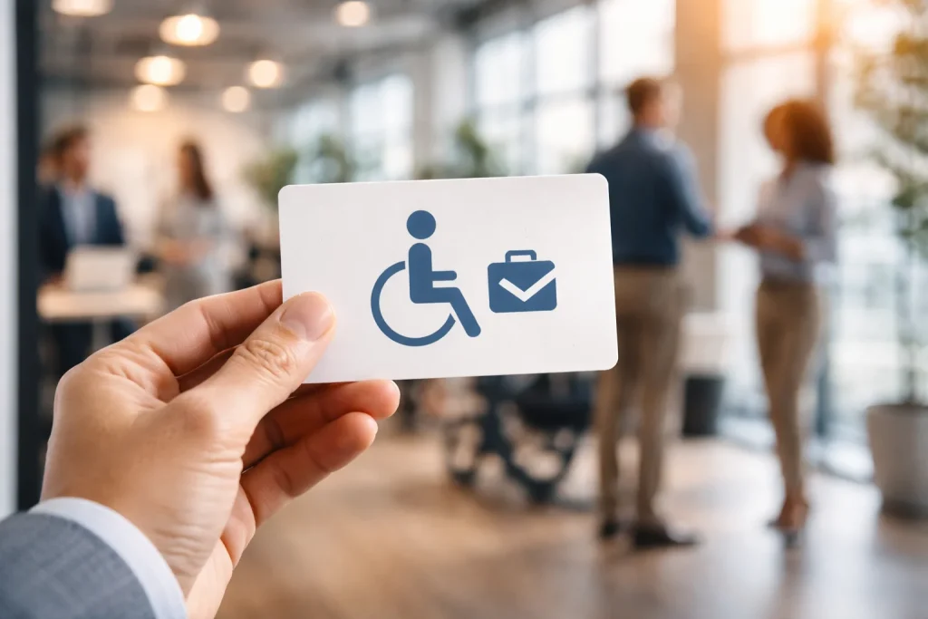 Mano sosteniendo tarjeta simb&oacute;lica de empleo inclusivo frente a oficina desenfocada