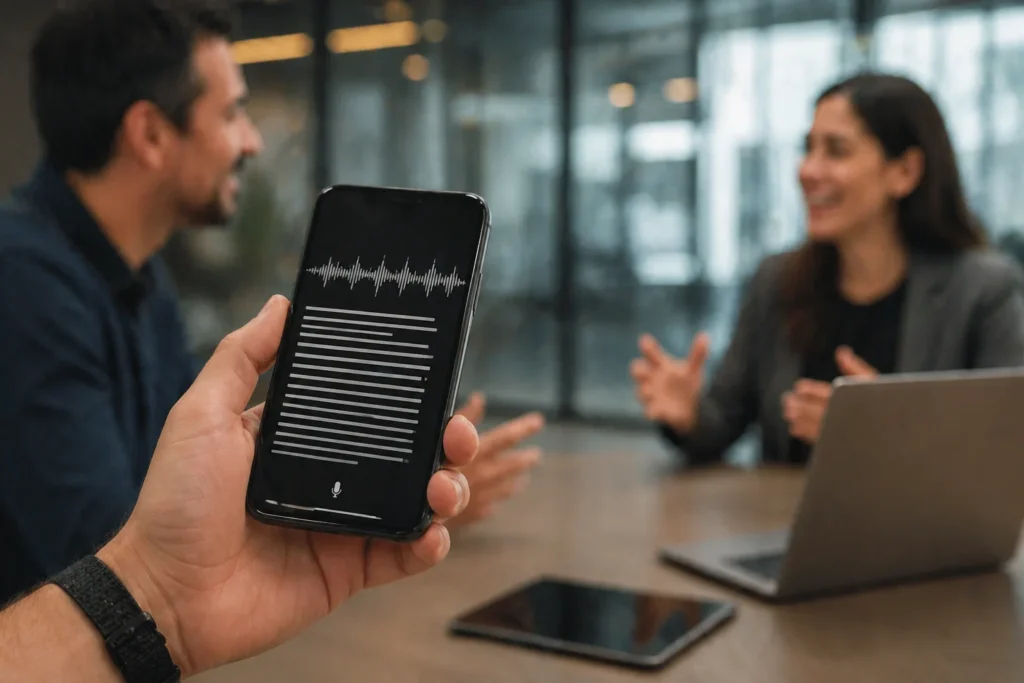 Mano sosteniendo teléfono con transcripción de voz a texto mientras dos adultos conversan en oficina moderna en Chile.