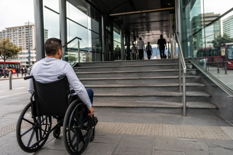 Persona usuaria de silla de ruedas frente a estación de transporte público en Colombia sin rampa accesible en la entrada.