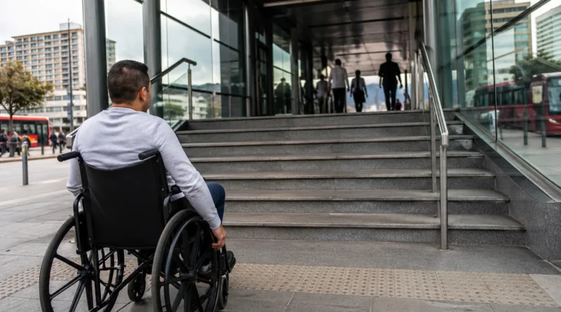 Persona usuaria de silla de ruedas frente a estación de transporte público en Colombia sin rampa accesible en la entrada.