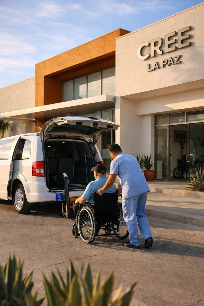 Veh&iacute;culo de traslado accesible llega al CREE La Paz mientras personal asiste a persona con movilidad reducida.