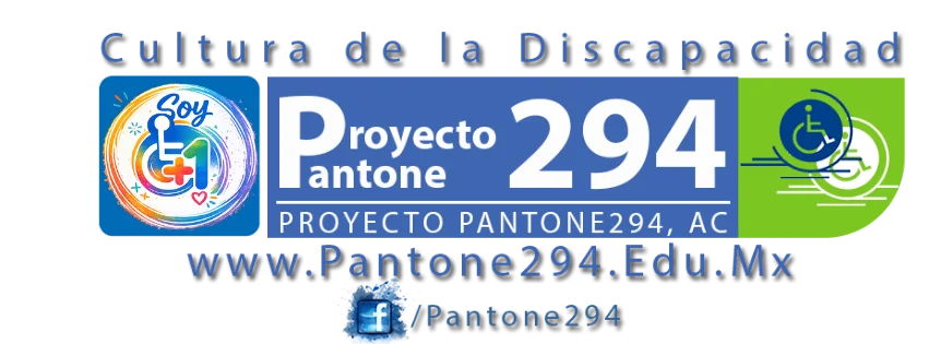Logo de Proyecto Pantone 294 con la insignia inclusiva “Soy +1” fusionada al símbolo internacional de discapacidad, sobre fondo azul y verde con el lema Cultura de la Discapacidad.