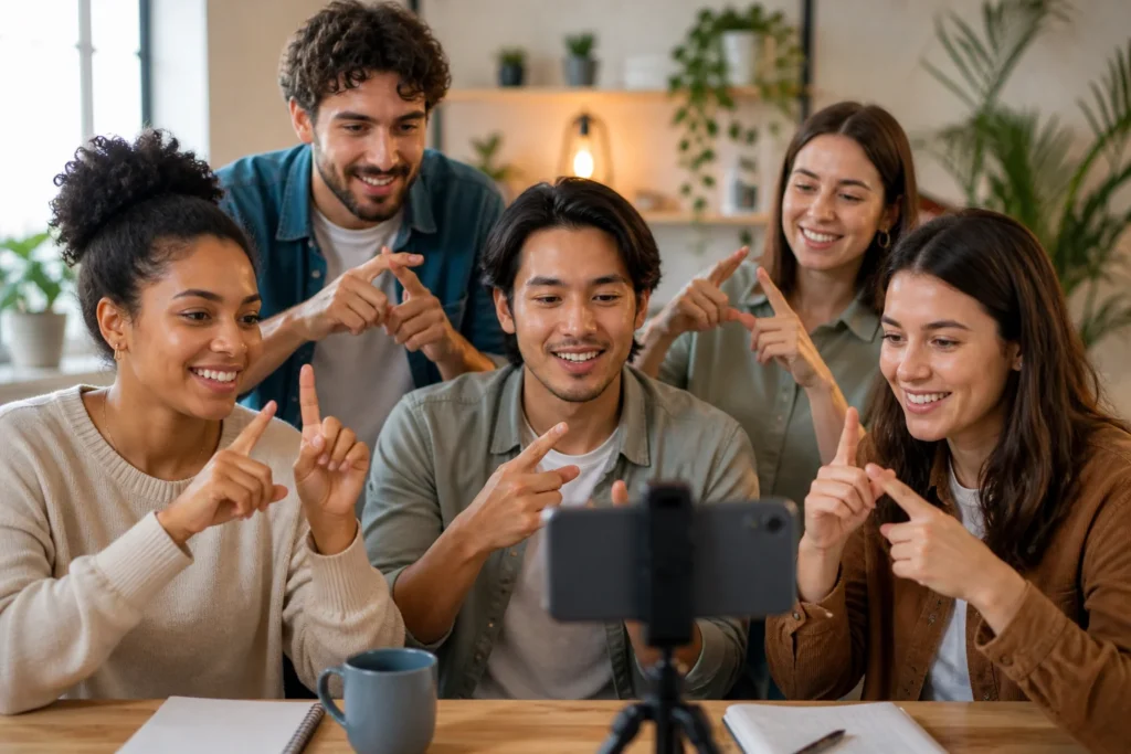 Influencers sordos en Brasil. Poderoso 2026: 7 lecciones de inclusión que están enseñando al mundo 3 Grupo de adultos aprendiendo lenguaje de señas desde un smartphone en un espacio colaborativo inclusivo