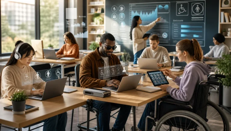 Aula digital inclusiva futurista con personas diversas usando laptops y tecnologías de asistencia en un entorno moderno