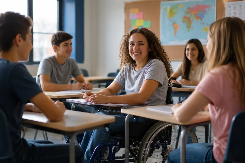 Estudiantes conviven en un aula inclusiva moderna mientras una joven usuaria de silla de ruedas participa activamente en clase junto a sus compañeros.