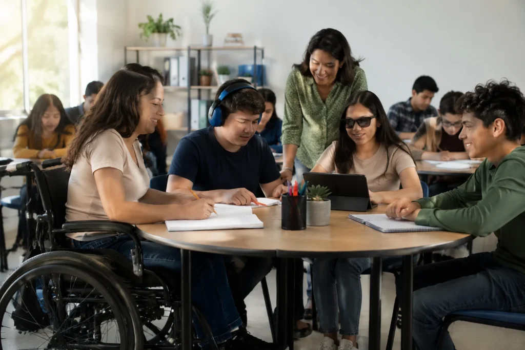 Estudiantes en un aula inclusiva moderna en México colaborando juntos en un ambiente educativo accesible y respetuoso.