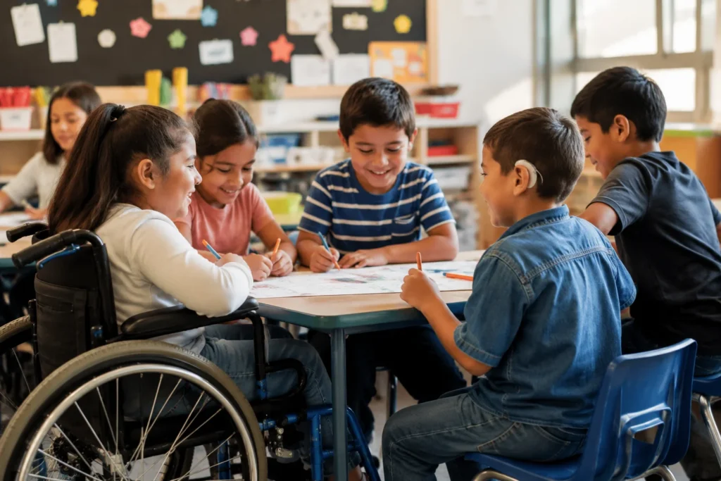 Niños aprendiendo juntos en un aula inclusiva moderna en México, incluyendo una niña en silla de ruedas y un estudiante con audífonos sensoriales.