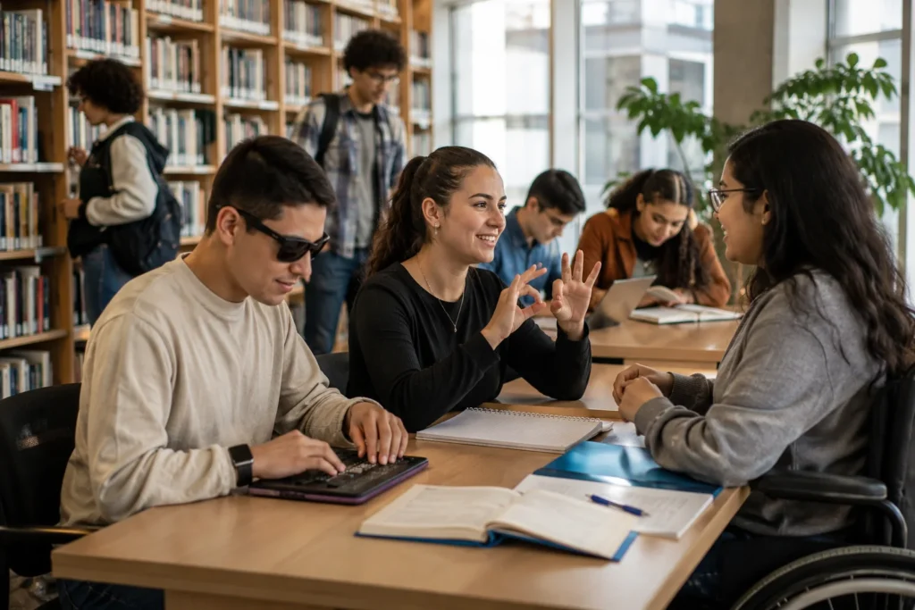 Jóvenes con distintas discapacidades estudian y colaboran juntos dentro de una biblioteca escolar inclusiva y moderna.