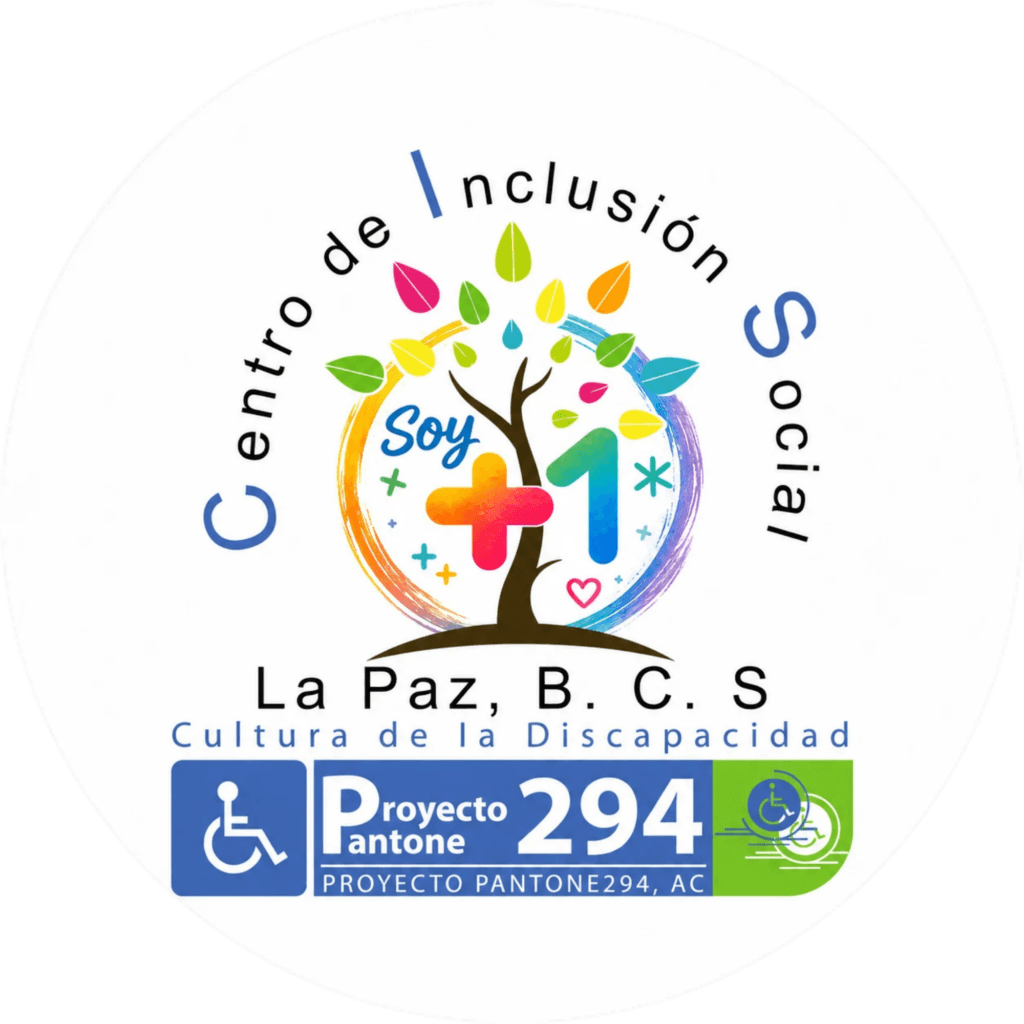 Logo del Centro de Inclusión Social La Paz, B.C.S con árbol multicolor fusionado con la insignia “Soy +1” y elementos de inclusión del Proyecto Pantone 294.