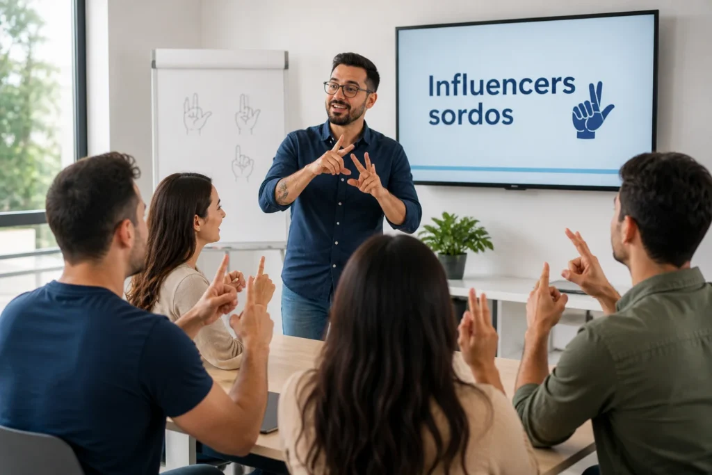 Influencers sordos en Brasil. Poderoso 2026: 7 lecciones de inclusión que están enseñando al mundo 2 Influecers sordos. Clase inclusiva donde instructor sordo enseña lenguaje de señas a adultos con apoyo de pantalla digital.