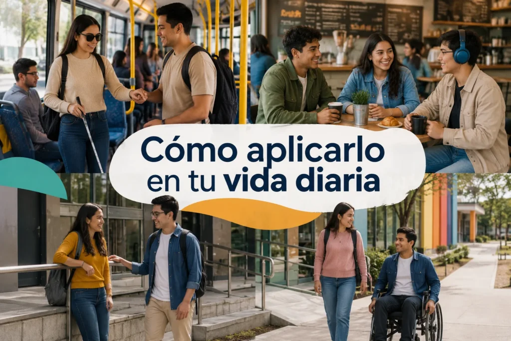 Escenas cotidianas de inclusión social y accesibilidad con el mensaje cómo aplicarlo en tu vida diaria.