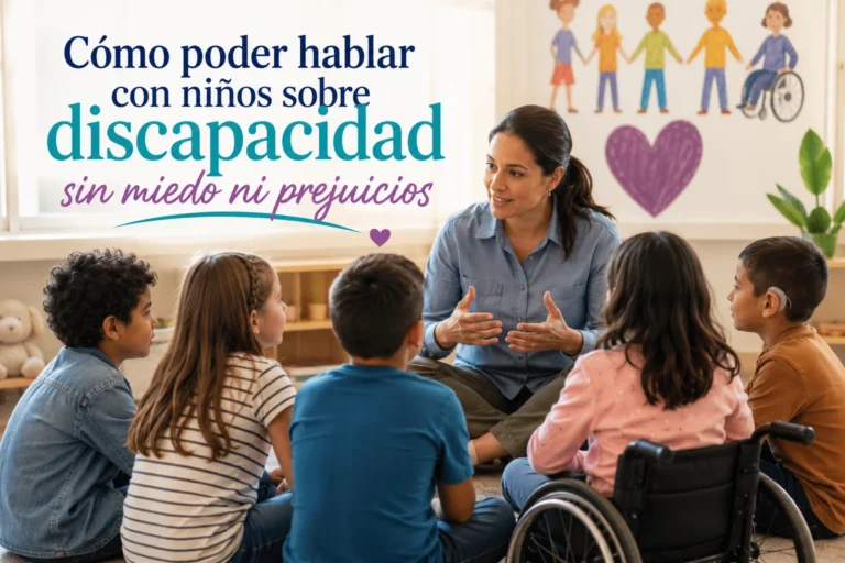 Hablar con niños sobre discapacidad. Docente hablando con niños sobre inclusión y discapacidad en un aula moderna e inclusiva.