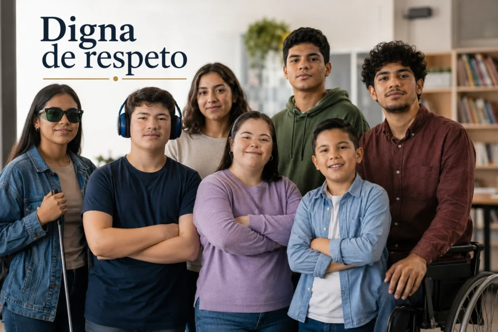 Grupo diverso de personas mirando a cámara con seguridad y dignidad junto al mensaje digna de respeto.