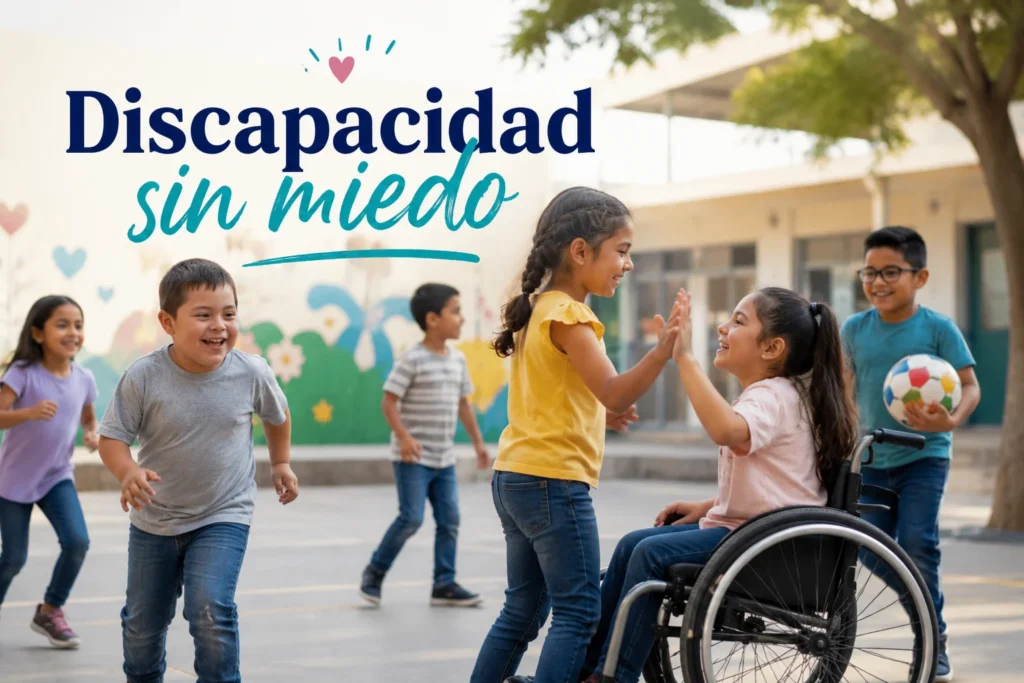 Hablar con niños sobre discapacidad. Niños jugando juntos en un patio escolar inclusivo con el mensaje Discapacidad sin miedo.