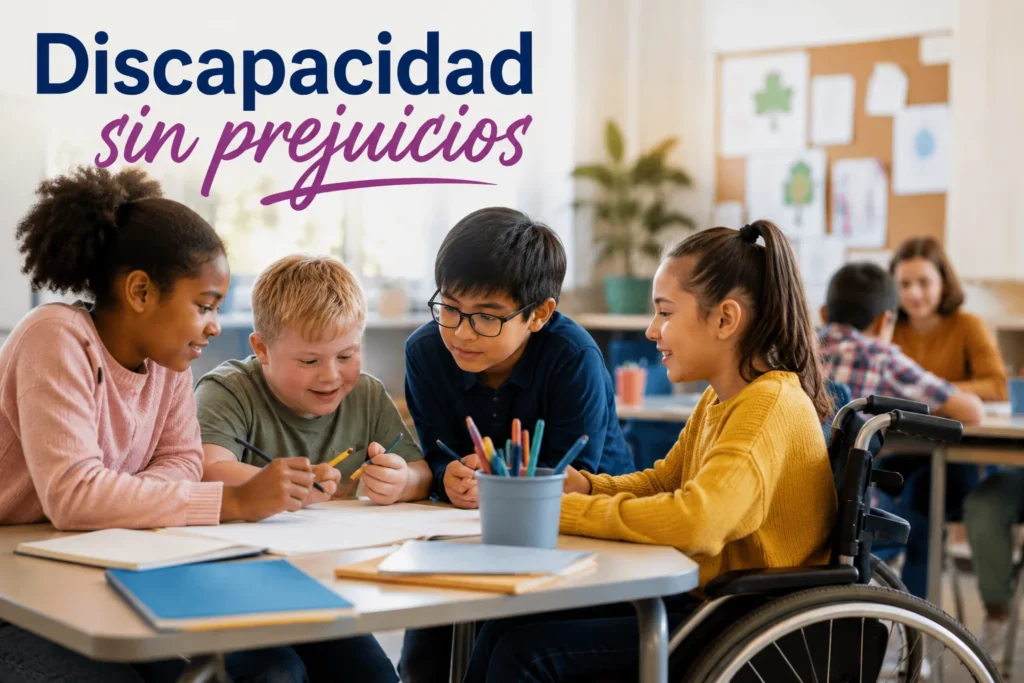 Estudiantes trabajando juntos en un salón inclusivo con el mensaje Discapacidad sin prejuicios.