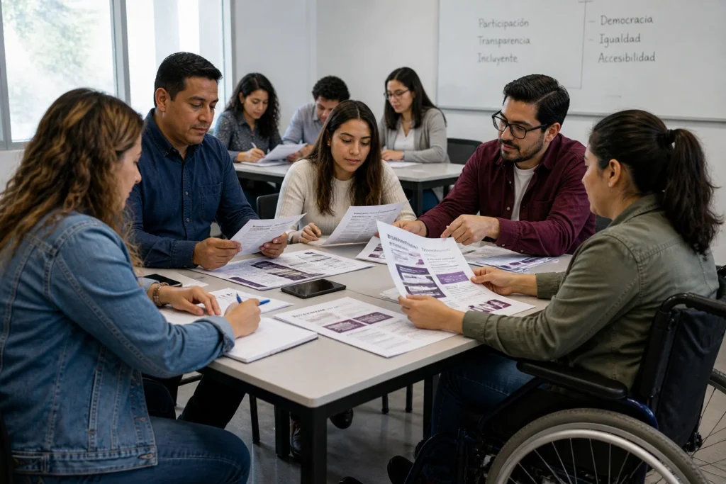 Personas con discapacidad. Guía 2026: 7 errores que están rompiendo la inclusión electoral en México 3 Grupo diverso de adultos analizando documentos electorales en aula moderna con participación activa de persona en silla de ruedas