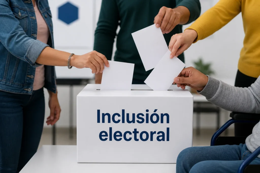 Personas con discapacidad. Guía 2026: 7 errores que están rompiendo la inclusión electoral en México 4 Manos de personas diversas depositando boletas en urna electoral con mensaje inclusión electoral