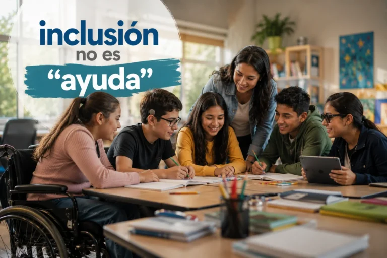 Estudiantes colaborando en una escuela inclusiva con el mensaje inclusión no es ayuda.