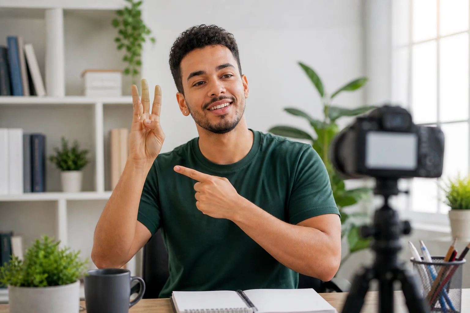 Influencers sordos en Brasil. Poderoso 2026: 7 lecciones de inclusión que están enseñando al mundo 1 Influencer sordo enseñando lengua de señas frente a cámara en estudio moderno con iluminación natural