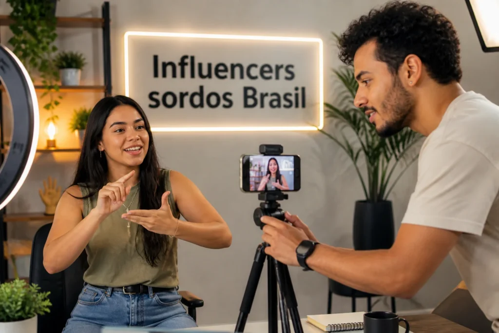 Influencers sordos en Brasil. Poderoso 2026: 7 lecciones de inclusión que están enseñando al mundo 4 Creadores sordos brasileños grabando contenido en estudio con texto influencers sordos Brasil visible en el fondo