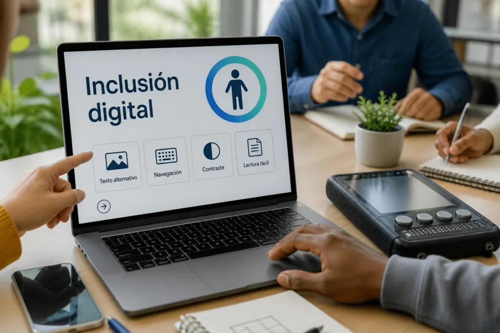 Interfaz accesible en laptop con herramientas de inclusión digital y opciones de accesibilidad para usuarios diversos