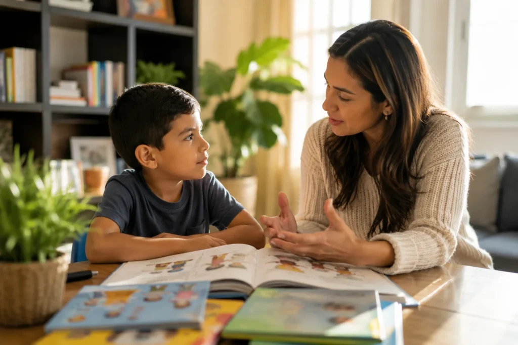 Madre conversando con su hijo pequeño sobre inclusión y diversidad mientras observan libros infantiles en casa.