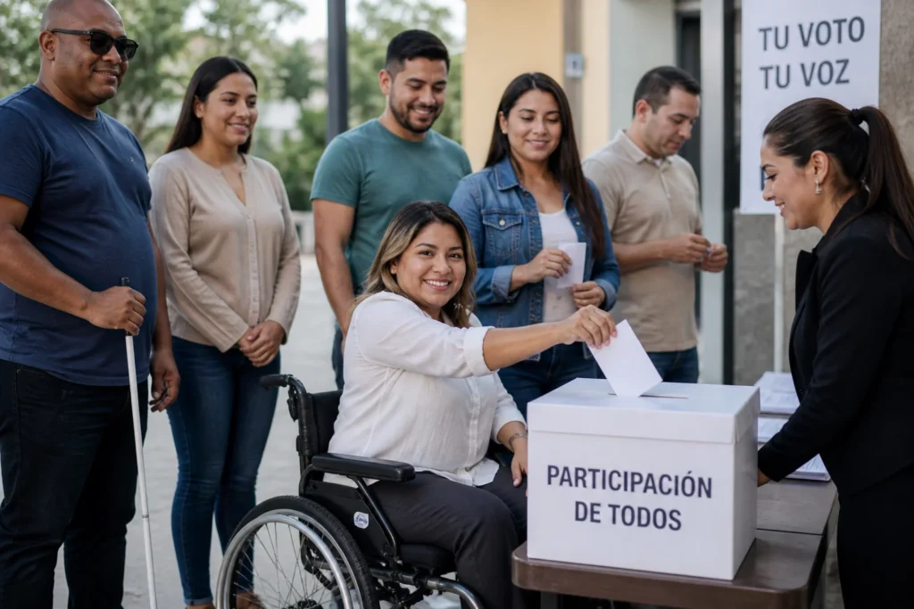 Personas con discapacidad. Guía 2026: 7 errores que están rompiendo la inclusión electoral en México 5 Grupo diverso de personas participando en votación inclusiva con presencia de personas con discapacidad en entorno urbano